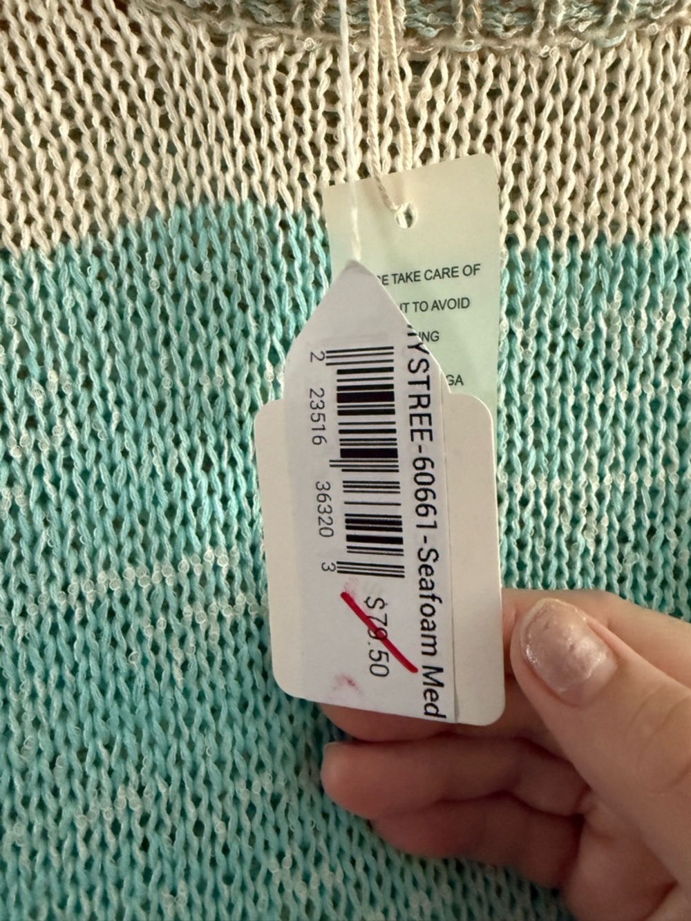 Mystree Cream & Aqua Striped Knit Sweater Coastal Cowgirl Beach Vacation - Picture 4 of 7